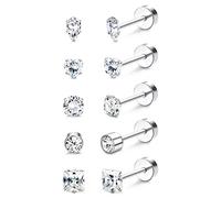 MILACOLATO 5Pairs G23 Titanium Flat Back Earrings Surgical Stainless Steel Stud Earrings for Women Men Opal Pearl Turquoise Cubic Zirconia Sleeper Cartilage Screwback Earrings Piercing Studs Titanium