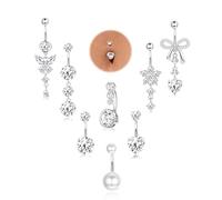 MILACOLATO 8 Pcs Belly Button Bars Dangly Surgical Steel Silver Gold Belly Bar With Short And Long Rings CZ Heart Butterfly Flower Designs 14G Navel Belly Button Piercing Jewellery for Women 10mm-A