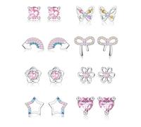 MILACOLATO 8Pairs 925 Sterling Silver Stud Earrings for Women Hypoallergenic Kids Earrings for Girls Silver Cute Pink CZ Heart Butterfly Flower Star Rainbow Girls Earring Set with Gift Box