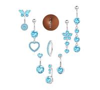 MILACOLATO 8Pcs Blue Belly Button Rings Set, Surgical Stainless Steel Belly Button Piercing, Flower Heart Butterfly Dangly Belly Ring, Clicker Belly Piercing, Navel Piercing Jewelry for Women 10mm