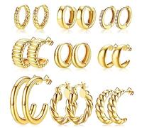 MILACOLATO 9 Pairs Gold Hoop Earrings for Women Lightweight 14K Gold Plated Chunky Hoop Earrings Multipack Hypoallergenic, Thick Open Twisted Huggie Hoops Earring Set Jewelry for Gifts