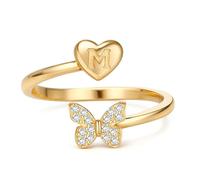 MILACOLATO 925 Sterling Silver Rings for Women Girls Hypoallergenic Adjustable Promise Initial Letter Rings Gold Open Butterfly Design Stackable Ring 18K Gold Plated Dainty Thin Alphabet Thumb Ring-M