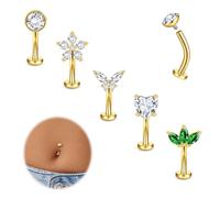 MILACOLATO Belly Button Bars Gold Silver Surgical Steel Belly Bars 14G Internally Threaded Floating Navel Piercing Jewelry 10/12/14mm Short Belly Bar Heart Butterfly Flat Back Belly Button Piercing-D