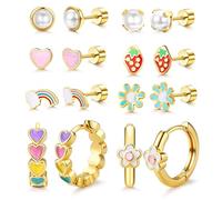 MILACOLATO Hypoallergenic Earrings for Women Trendy Surgical Steel Flat Back Earrings for Sensitive Ears Cute Daisy Small Hoop Earring Flower Strawberry Butterfly Heart Screw Back Stud Earring Sets, S