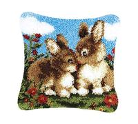 Milageto 17x17 in DIY Latch Hook Kit Rug Making Crafts for Kids and Adults Embroidery Carpet Cushion Bolster Pillowcase Needlework Sewing Tool, Rabbits, 43x43cm
