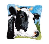 Milageto 17x17 in DIY Latch Hook Kit Rug Making Crafts for Kids and Adults Embroidery Carpet Cushion Bolster Pillowcase Needlework Sewing Tool, Cow, 43x43cm
