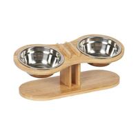 Milageto Elevated Cat Bowls Raised Pet Feeder Bamboo Stand Feeding Station Cat Dishes 2 Stainless Steel Bowls Adjustable Height