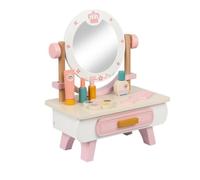 Milageto Pretend Vanity Table with Mirror Compact, Classic Round Mirror Design, Wooden Vanity Set, Dimensions 29.5cm X 18cm X 36cm