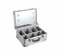 Milageto Professional Makeup Case Cosmetic Organizer Box Vanity Train Case with and Adjustable Light Aluminum Portable Trolley, Handheld Makeup Case with Mirror and Lights, Array, Silver