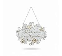 Milageto Signboard Welcome Plaque Garden Sign Door Plate With Rustic Iron Finish And Classic Script Suitable for front porch door greeting courtyard fence, White, Standard
