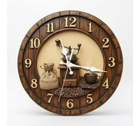 Milageto Wall Clock Round Wooden Clock Vintage Style Quiet Mechanism Artistic 3D Pattern Arabic Numerals Decorative Timekeeper suitable for living room kitchen, 30CM, Coffee Grinder B