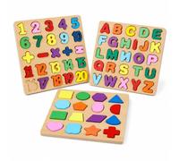 Milageto Wooden Set With Shapes And Patterns Child Construction For Interactive Learning Suitable for Children Age Classroom Home, 3-piece set: Numbers, Uppercase Letters, and 16 Shapes