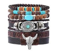 MILAKOO 6pcs Vintage Western Style Bracelets Brown Leather Hand Rope Set