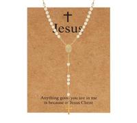 MILAKOO Gold Plated Stainless Steel Chains Necklace Pearl Beaded Choker with Virgin Mary Rosary Cross Y-Necklace