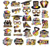 Milalei 30PCS Graduation Photo Booth Props for 2025 Graduation Party Celebrations Black Gold Congrats Class 2025