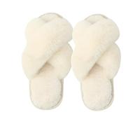 Milaloko Women Fluffy Cross Band House Slippers Fuzzy Open Toe Slippers Cozy Plush Slip-on Home Shoes Indoor Outdoor, White, 36-37