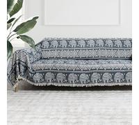 Milam London Boho Sofa Throws Large 3 Seater | Soft Cotton Blanket | Large Throws For Sofas, Settee, Couch | Double Sided Elephant Pattern | 180x300 cm - Teal Blue