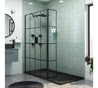 Milan 1000mm Matt Black Walk in Wet Room Shower Enclosure Screen Grid with 300mm Flipper Panel 8mm Easy Clean Toughened Safety Glass with Support Arm
