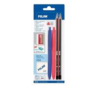 MILAN® Blister 2 pens p1 (blue/red), 2 pencils graphite HB and h, 430 rubber and sharpener