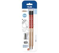 MILAN Blister Pack of 2 HB MAXI Graphite Pencils with Rubber + 1 MAXI Pencil Sharpener