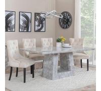 Milan Dining Set - 6 Seater - 160cm - Grey Marble - Knocker Back Dining Chairs - Champagne Velvet Fabric - Black Wooden Legs