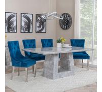 Milan Dining Set - 6 Seater - 160cm - Grey Marble - Lion Knocker Back Dining Chairs - Blue Velvet Fabric - Chrome Legs