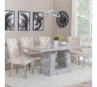 Milan Dining Set - 6 Seater - 160cm - Grey Marble - Lion Knocker Back Dining Chairs - Champagne Velvet Fabric - Chrome Legs