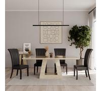 Milan Dining Set - 6 Seater - 160cm - Travertine Beige Engineered Marble - Cadiz Dining Chairs - Black Leather