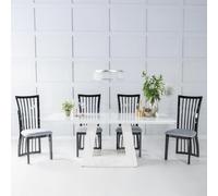 Milan Dining Set - 6 Seater - 160cm - White Marble - Athena Dining Chairs - Black High Gloss - Slatted Back - Grey Seat Pads