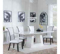 Milan Dining Set - 6 Seater - 160cm - White Marble - Cadiz Dining Chairs - White Leather