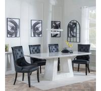 Milan Dining Set - 6 Seater - 160cm - White Marble - Carmela Dining Chairs - Black Leather