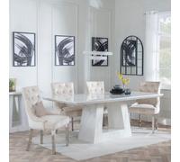 Milan Dining Set - 6 Seater - 160cm - White Marble - Knocker Back Dining Chairs - Champagne Velvet Fabric - Chrome Legs