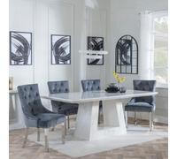 Milan Dining Set - 6 Seater - 160cm - White Marble - Knocker Back Dining Chairs - Grey Velvet Fabric - Chrome Legs