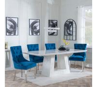 Milan Dining Set - 6 Seater - 160cm - White Marble - Lion Knocker Back Dining Chairs - Blue Velvet Fabric - Chrome Legs