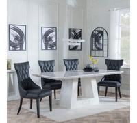 Milan Dining Set - 6 Seater - 160cm - White Marble - Mimi Dining Chairs - Black Leather