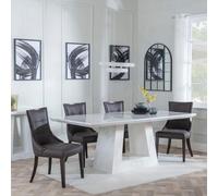 Milan Dining Set - 6 Seater - 160cm - White Marble - Paris Dining Chairs - Brown Leather - Brown Legs