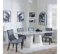 Milan Dining Set - 6 Seater - 160cm - White Marble - Paris Dining Chairs - Grey Leather - Black Legs