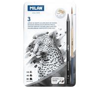 Milan Metal Box 3 Woodless Watersoluble Graphite Pencils Hb 4b & 8b+1 Afila Pencil Sharpener+1 The Master Gum Eraser+1 Brush