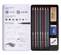 MILAN® Set of 7 graphite pencils (2H, H, HB, B, 2B, 4B, 6B) for drawing, with 2 erasers and sharpeners, in metal case