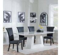 Milan White Marble Dining Set - Cadiz Black Leather Dining Chair
