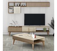 milan wooden entertainment unit with coffee table set in walnut and travertine marble effect