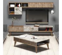 milan wooden entertainment unit with coffee table set in walnut and white marble effect