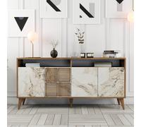 milan wooden sideboard with 4 doors in walnut and white marble effect