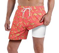 MILANKERR 5.5 inch 7 inch Mens Swim Trunks with Compression Liner,Mens Bathing Suit Quick Dry Stretch Swimming Trunks for Men, Orange Branana, X-Large