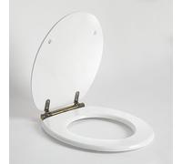 MILANO 375 x 435mm White Toilet WC Seat Top Fix Gold Soft Close Hinges | Engineered Wood Construction. Quick Release Design. Traditional Style. Soft Close Hinges. Top Fix Installation.