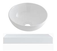 MILANO 600mm Wall Mounted Floating Shelf Round Countertop Basin Sink White | Engineered Wood Shelf. Ceramic Basin. Contemporary Style. Wall Mounted Installation. Floating Design. Concealed Fixings.
