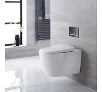 Milano Altham White Wall Hung Round Rimless Toilet Short Frame Cistern - Black Rectangular Plate
