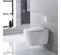 Milano Altham White Wall Hung Round Rimless Toilet Short Frame Cistern - White Round Plate