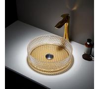 MILANO Amber Crystal Tempered Glass Round Countertop Bathroom Basin 353mm | Glass Construction. Round Design. Contemporary Style. Countertop Installation. Not Fitted With Tap Holes.
