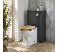 Milano Aston Black Grey Bathroom WC Unit Back to Wall Toilet Chrome Flush Button Oak Effect Seat
